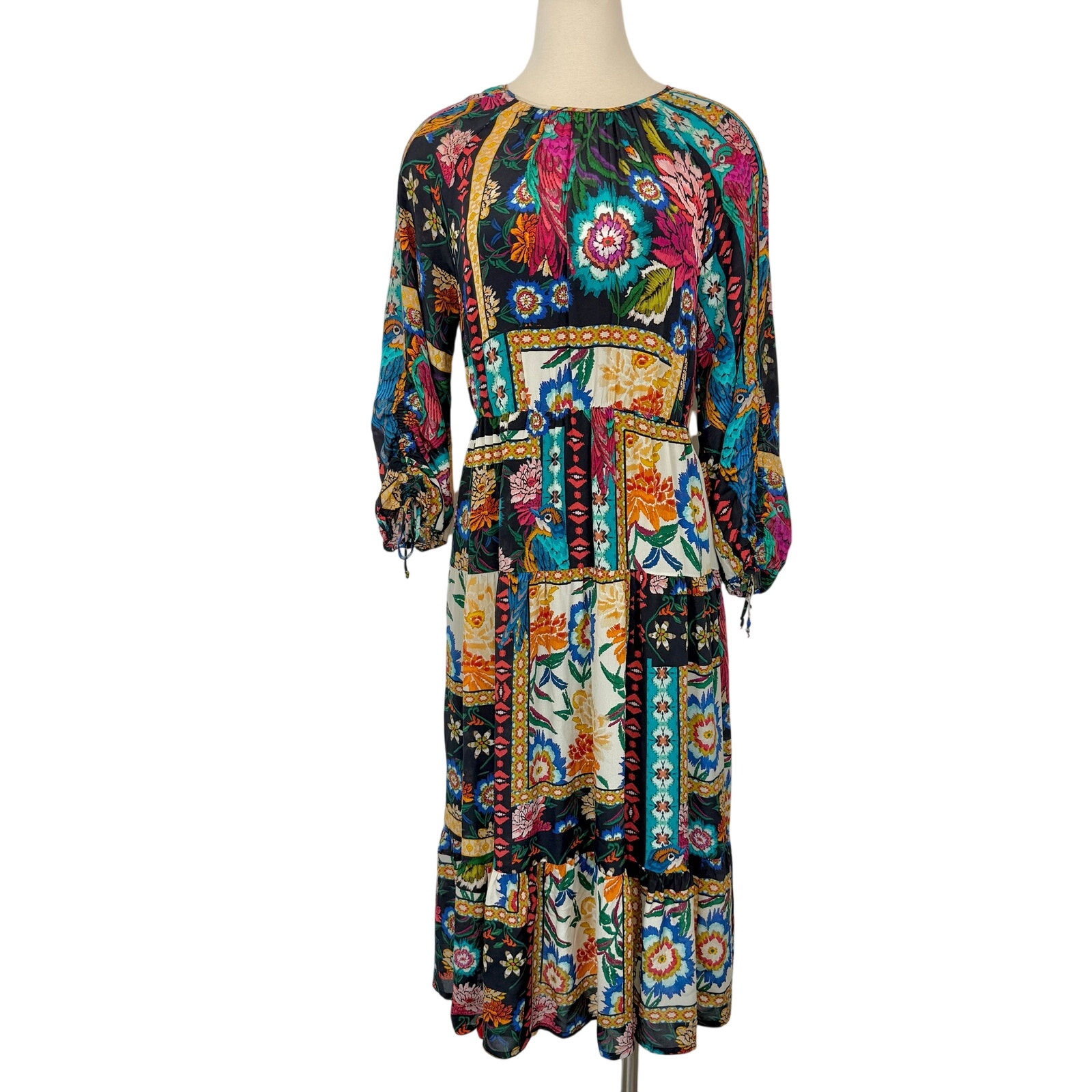 Johnny Was Silk Brona Midi Dress Eirene Patchwork Boho Floral Botanical M Nwt
